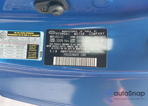 2012 Hyundai Genesis 2.0T from USA, damaged, VIN KMHHT6KD9CU066388